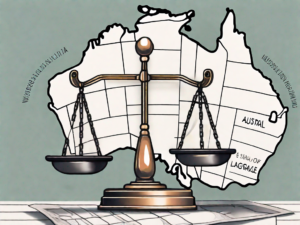 A balance scale with legal documents on one side and the map of australia on the other