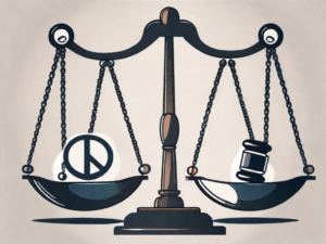 A balanced scale with a gavel on one side and a peace symbol on the other